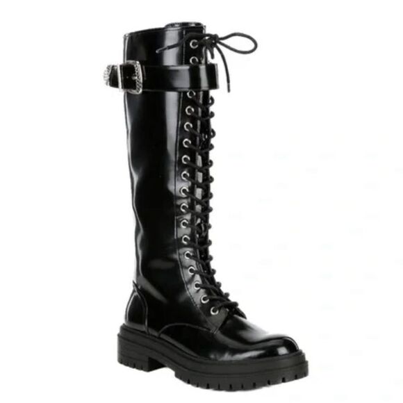 GIANNI BINI Skyscraper Lace Up Lug Sole Platform Tall Boot Patent Leather Size 7 - Picture 1 of 12